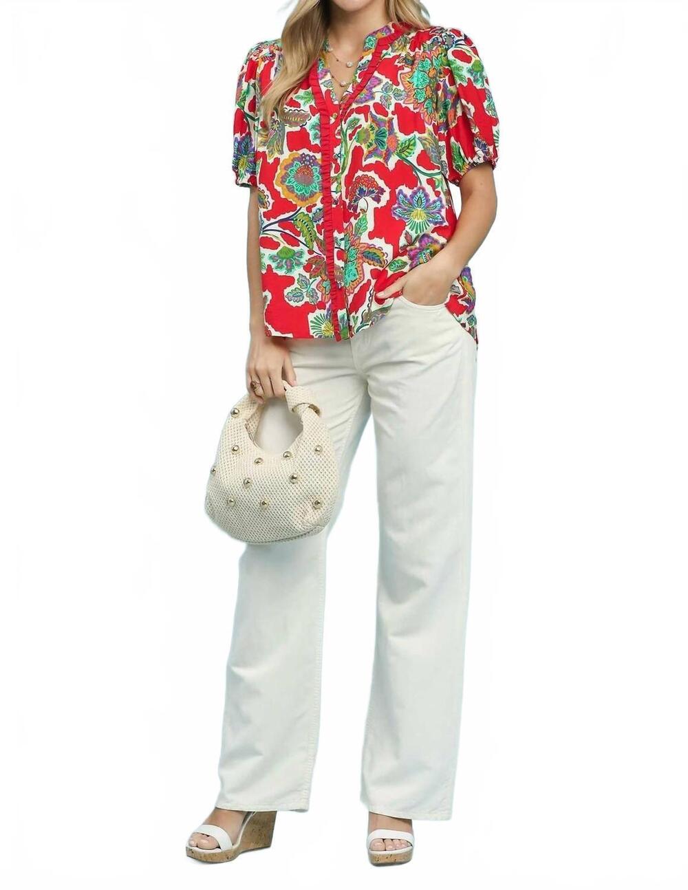 NEW UMGEE floral button down blouse in red multi